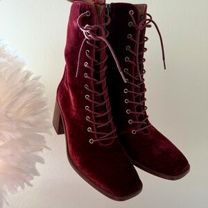🍉Sam Edelman Westie Brick Velvet Wine Red Chunky Heel Squared Toe Lace Up Boots